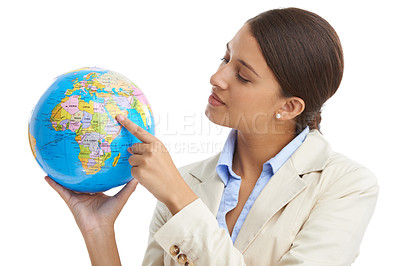 Buy stock photo Business woman, hands or spinning globe in studio, world map or network for international trade. Corporate strategist, environment or earth for global warming or carbon footprint by white background