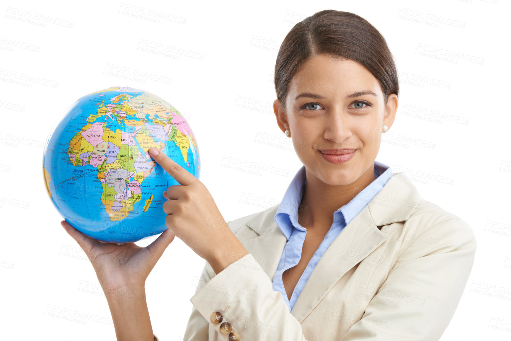 Buy stock photo Portrait, map and woman with pointing, global and employee isolated on white studio background. Face, person and consultant with planet or earth with teacher and geography with education or knowledge