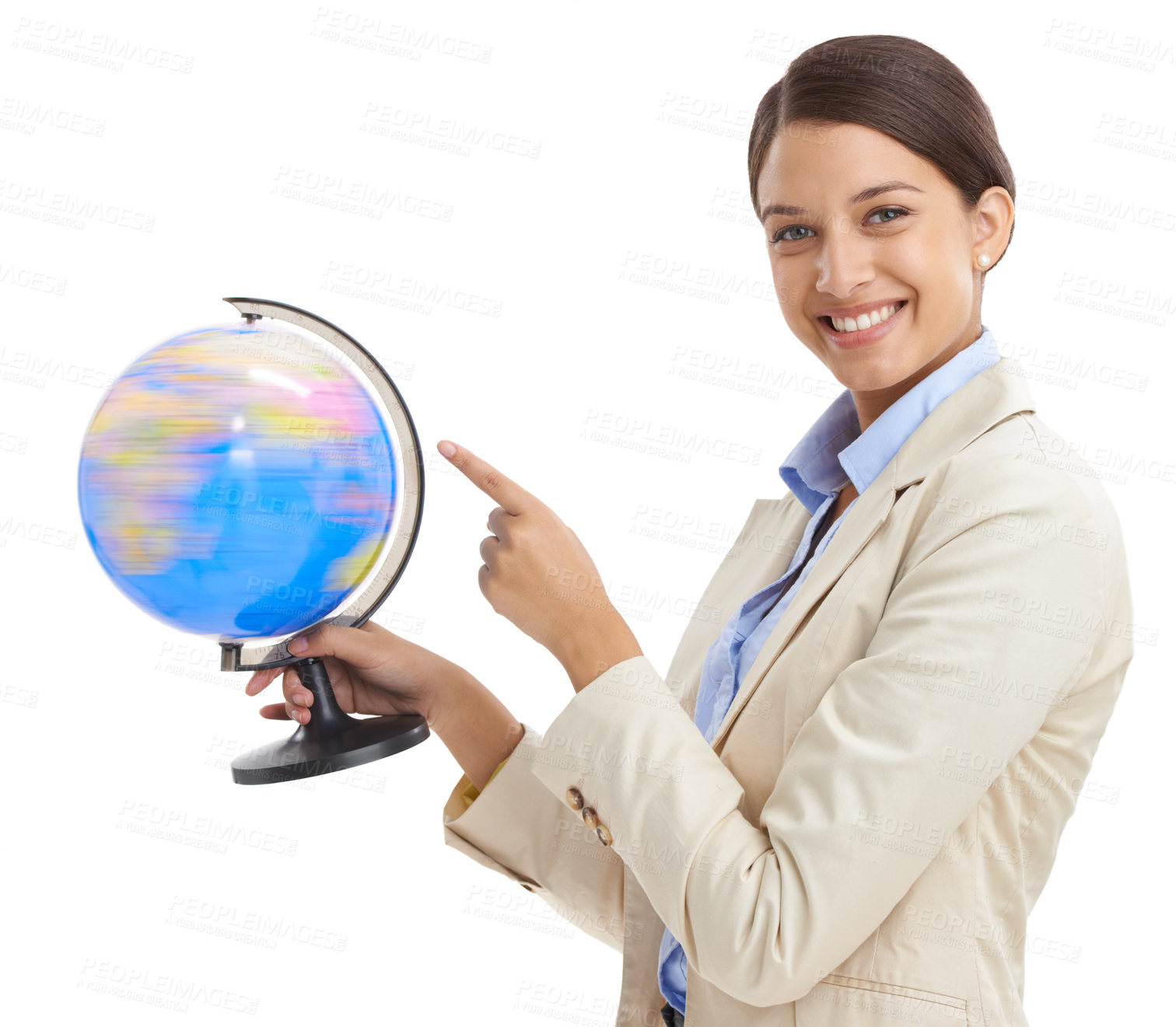 Buy stock photo Portrait, planet or woman with a globe, pointing or employee isolated on white studio background. Face, person or consultant with map or earth with teacher or geography with knowledge or eco friendly