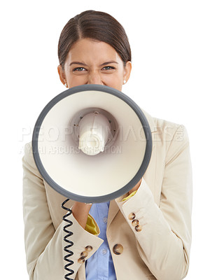 Buy stock photo Megaphone, shout and portrait of business woman on white background for news, broadcast and information. Announcement, communication and person with bullhorn for speech, voice and attention in studio