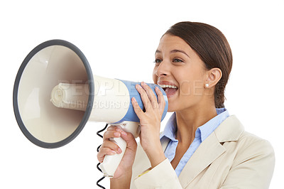 Buy stock photo Megaphone, white background and business woman scream for news, announcement and information. Call to action, communication and person with bullhorn for speech, broadcast and attention in studio