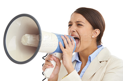 Buy stock photo Megaphone, white background and business woman shout for news, announcement and information. Professional, communication and person with bullhorn for speech, broadcast and call to attention in studio