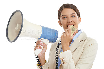 Buy stock photo Megaphone, white background and portrait of business woman for news, announcement and information. Professional, communication and person with bullhorn for speech, broadcast and attention in studio