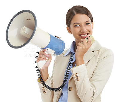 Buy stock photo Megaphone, white background and portrait of professional woman for news, announcement and information. Business, communication and person with bullhorn for speech, broadcast and attention in studio
