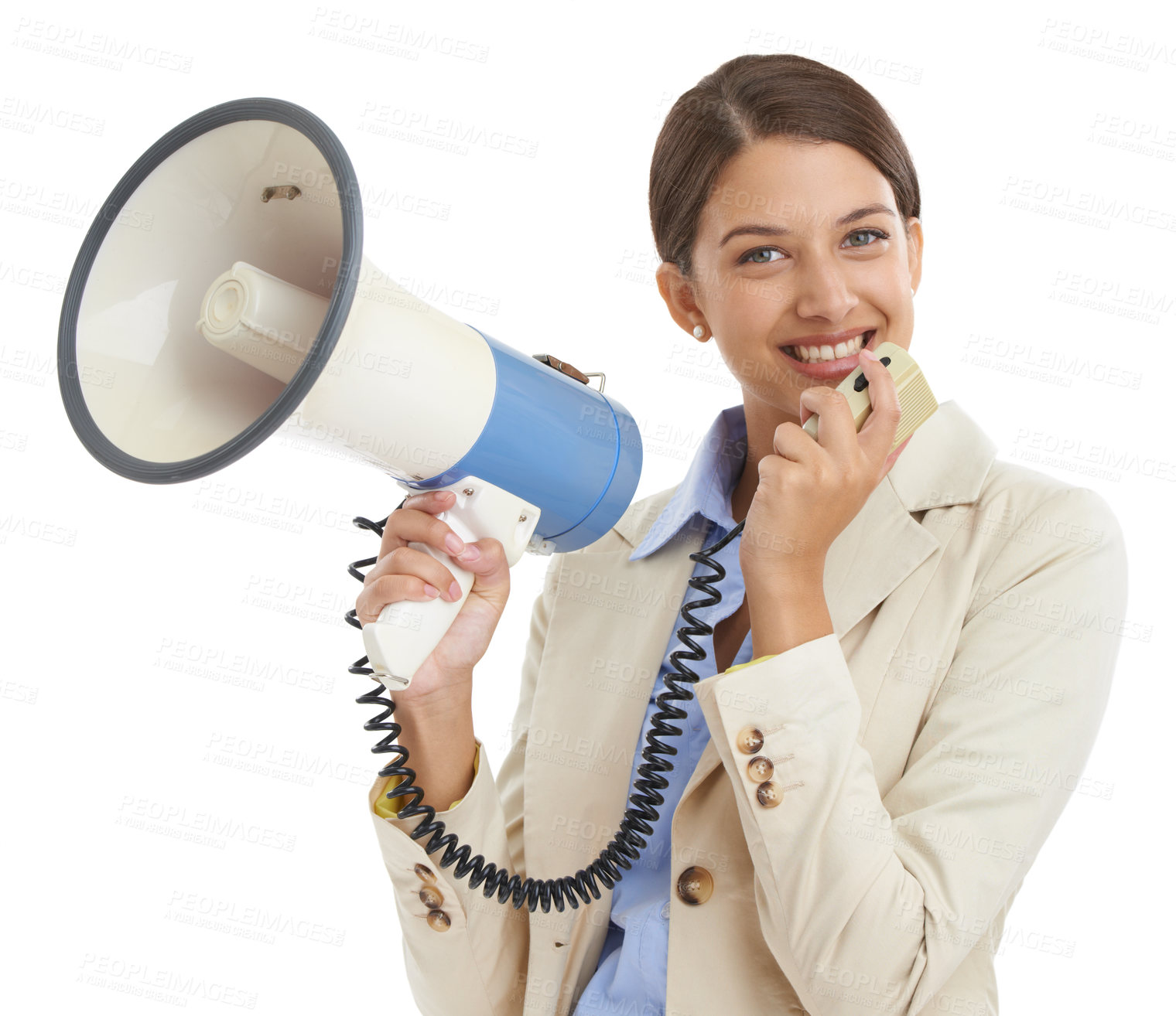 Buy stock photo Megaphone, white background and portrait of professional woman for news, announcement and information. Business, communication and person with bullhorn for speech, broadcast and attention in studio