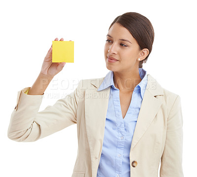 Buy stock photo Sticky notes, white background and business woman for news, information and writing ideas. Professional, corporate worker and isolated person with paper for planning, schedule and reminder in studio