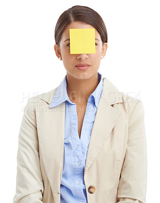 Buy stock photo Sticky notes, white background and face of business woman for news, information and writing ideas. Professional, corporate and isolated person with paper for planning, schedule and reminder in studio