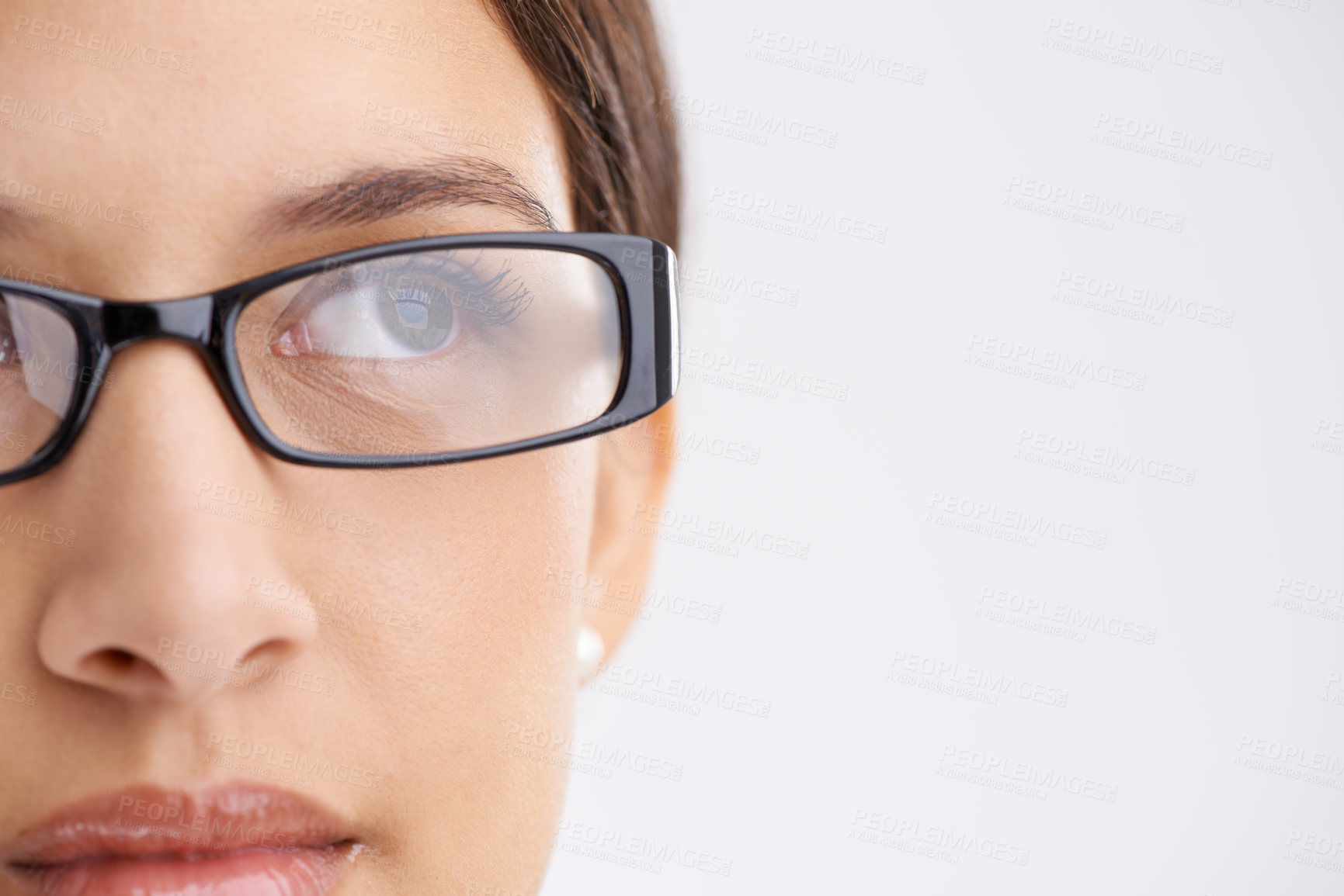 Buy stock photo Young woman, thinking and glasses for inspiration and eyecare or optometry in studio mock up. Model, vision and creative idea for career growth, design and planning in spectacles by white background