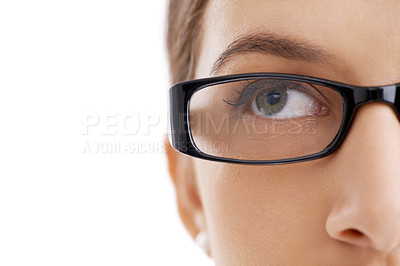 Buy stock photo Young woman, thinking and glasses for inspiration and eyecare for optometry in studio close up. Model, vision and creative idea for health, design and better eyesight and wellness by white background