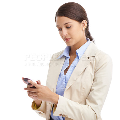 Buy stock photo Young business woman, thinking or mobile phone in studio mock up or work email for project or networking. Entrepreneur, planning and cellphone for startup website  and inspiration by white background
