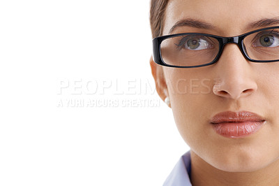 Buy stock photo Headshot of an attractive young woman wearing glasses isolated on white