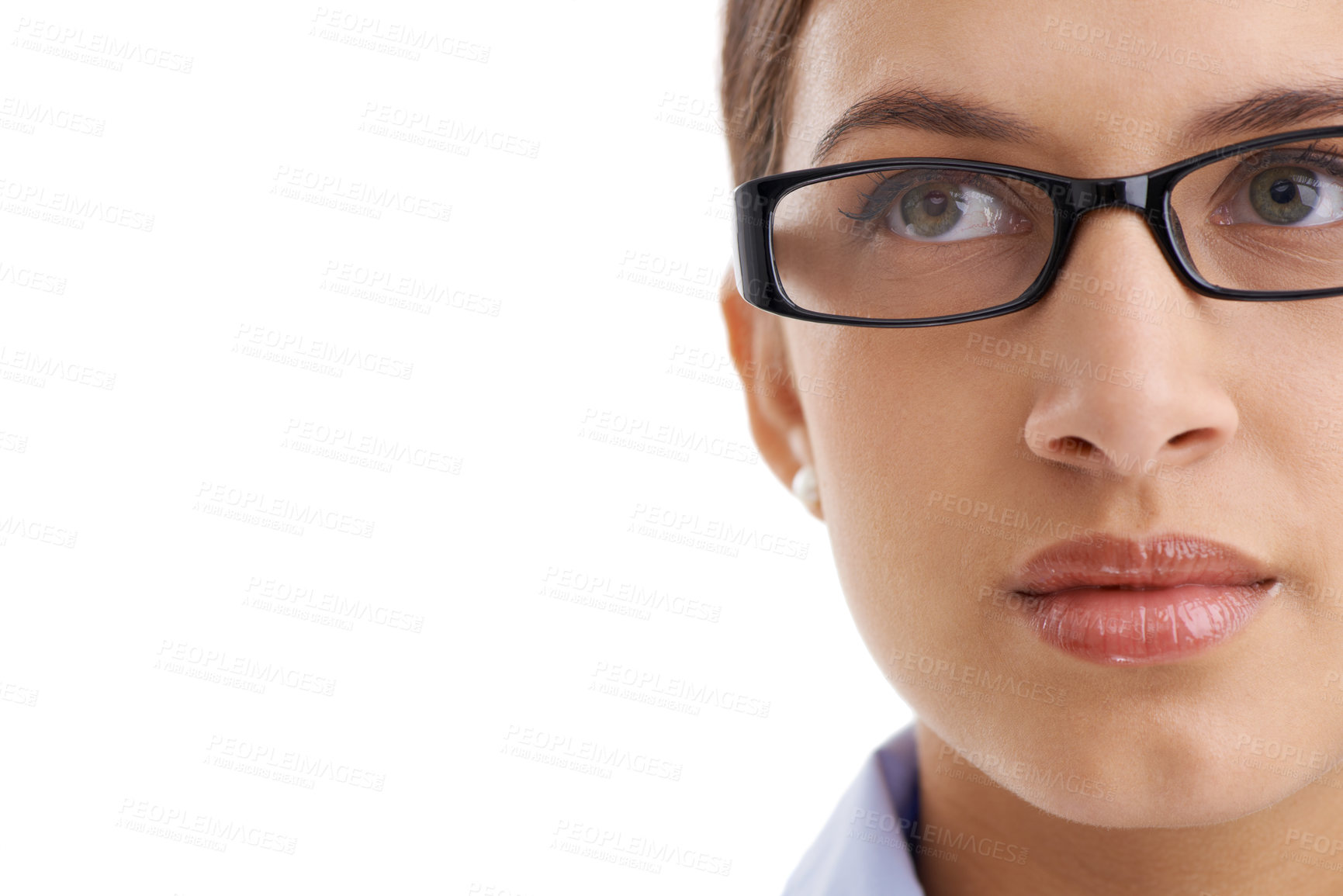 Buy stock photo Headshot of an attractive young woman wearing glasses isolated on white