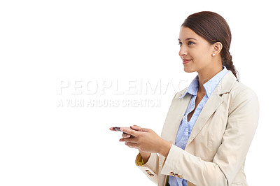 Buy stock photo Young business woman, happy and mobile phone in studio mock up and browse internet or message for networking. Entrepreneur, positive and cellphone for social media and inspiration by white background