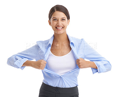 Buy stock photo Business woman, superhero or portrait in studio mock up or open shirt for confidence with advertising. Saleswoman, happy face and trendy fashion for promotion and retail branding by white background
