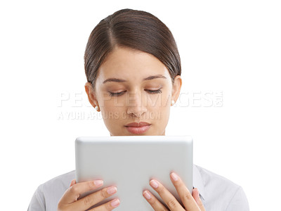 Buy stock photo Closeup, business woman and reading on tablet in studio  and scroll on company email for networking. Lawyer, online and connection on internet for update and website to research by white background