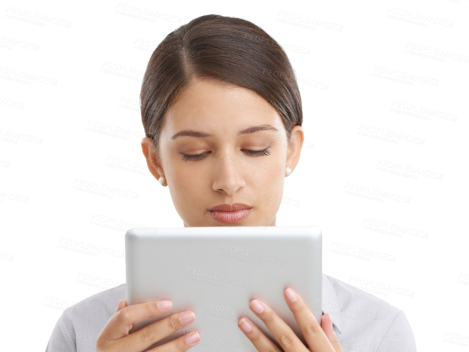 Buy stock photo Closeup, business woman and reading on tablet in studio  and scroll on company email for networking. Lawyer, online and connection on internet for update and website to research by white background