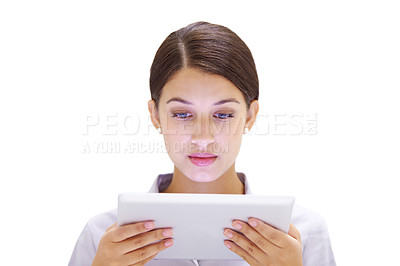 Buy stock photo Reflection, business woman or tablet in studio for reading or scroll on company email for networking. Designer, online or connection on internet for update or website to research by white background