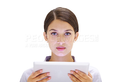 Buy stock photo Portrait, business woman and tablet in studio for reading and scroll on company email for networking. Designer, face or connection on internet for update or confident to research by white background