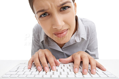 Buy stock photo Portrait, business and woman with keyboard, stress and professional isolated on a white studio background. Confused, person and employee with thinking and consultant with deadline, typing and doubt