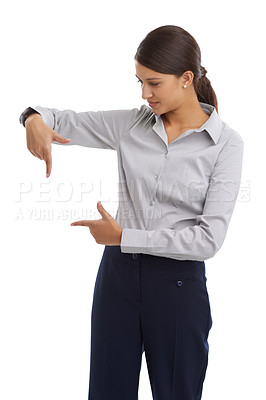 Buy stock photo Pointing, mockup space and business woman on a white background for news, information and announcement. Professional, corporate worker and isolated person with gesture for company promo in studio