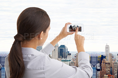 Buy stock photo Woman, smartphone and picture by window, social media and cityscape for online post. Photograph, web and internet search by businesswoman, communication on technology screen for website professional