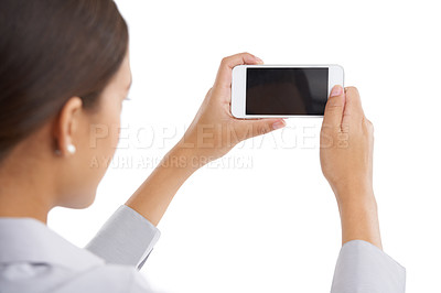 Buy stock photo Mockup, woman and smartphone on studio, background and blank screen for businesswomen capturing image. Technology, networking and communication in social media, isolated and internet connection
