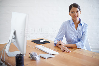 Buy stock photo Professional, portrait and woman in office with computer for administration, assistant or secretary. Business, clerk and employee at desk in workplace ready to start on project with confidence 