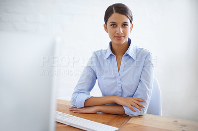 Buy stock photo Businesswoman, portrait and computer at desk as financial advisor or online investment, budget or loan. Female person, face and company growth in London for future economy startup, target or research