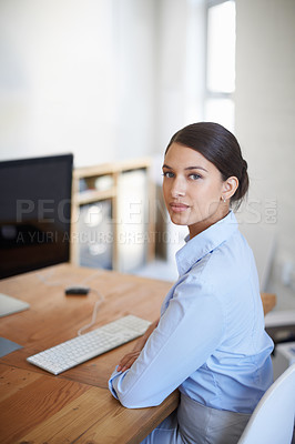 Buy stock photo Businesswoman, portrait and computer as financial accountant for online investment, budget or loan. Female person, face and company growth in London for future economy startup, target or research