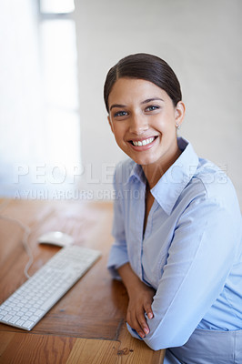 Buy stock photo Businesswoman, portrait and smile as financial accountant or growth investment or advice, budget or loan. Female person, face and company goal in London for future economy startup, target or research