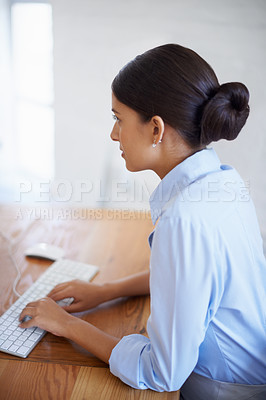 Buy stock photo Professional, woman and typing at desk in office with computer as assistant in administration Business, clerk and secretary working on project, agenda or busy with keyboard on pc with confidence