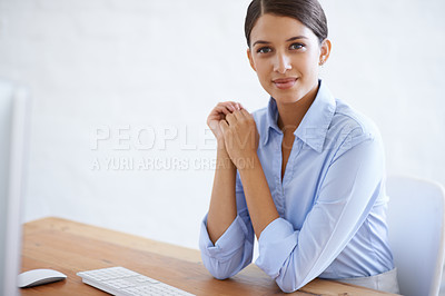 Buy stock photo Professional, portrait and woman at desk in office with computer as clerk or happy secretary in administration. Business, assistant and employee in workplace ready to start on project with confidence