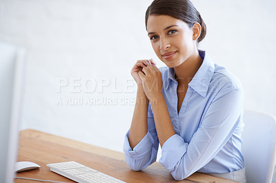 Buy stock photo Happy, portrait and professional woman at desk in office with computer as clerk or happy secretary in administration. Business, assistant and employee ready to start on project with confidence