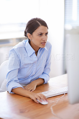 Buy stock photo Woman, computer and confused for online research project or client investment as financial advisor, planning or internet. Female person, connection and problem solving in London, brainstorming or web