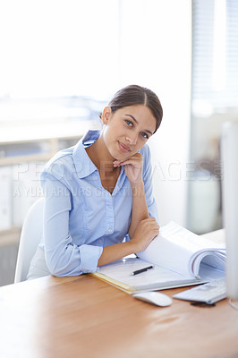 Buy stock photo Business woman, portrait and desk with documents at office on break for accounting or finance. Young female person, accountant or employee with smile in relax for paperwork or audit at the workplace