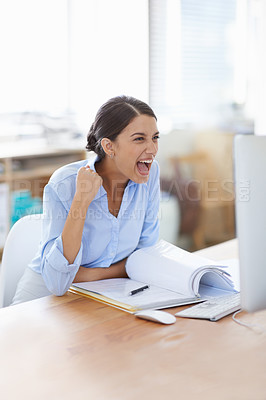 Buy stock photo Winning, yes and business woman on computer for online success, promotion or reading news in fist pump. Happy professional person or winner excited, cheers and celebration on desktop for opportunity