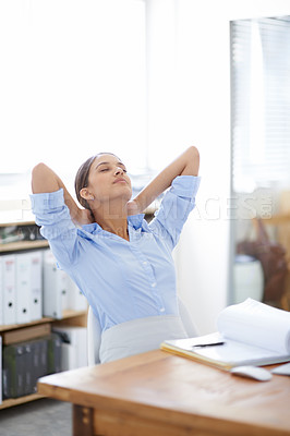 Buy stock photo Business woman, relax and break by desk with documents for accounting, finished or finance at office. Female person, accountant or employee in rest, completion or done with paperwork at workplace
