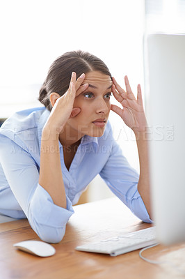 Buy stock photo Woman, computer and stress or online research project or 
investment as financial advisor, overtime or deadline. Female person, confused and problem solving or overworked in London, burnout or web