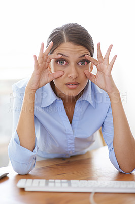 Buy stock photo Corporate woman, office and tired eyes from computer, fatigue or workplace stress. Overworked, burnout and exhausted lawyer from deadline and cases, lawsuit and ready to sleep or nap at desk 