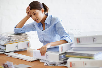 Buy stock photo Paperwork, businesswoman and workload stress from office, documents and company employee, tired and work burnout. Secretary, headache and desk full of business files, corporate reports and admin