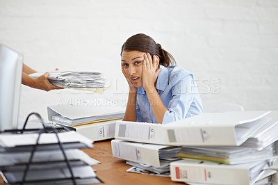 Buy stock photo Secretary, paperwork and workload stress from office, documents and company employee, tired and work burnout. Businesswoman, frustrated and desk full of business files, corporate reports and admin
