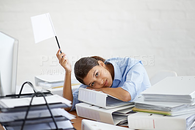 Buy stock photo Business woman, portrait and white flag with documents for surrender, overworked or stress at office. Tired female person or bored employee waving signal with paperwork, binders or folders on desk