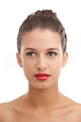Buy stock photo Woman, makeup and beauty with red lipstick for cosmetics or facial treatment on a white studio background. Face of elegant female person or young model with skincare or colorful lips for cosmetology