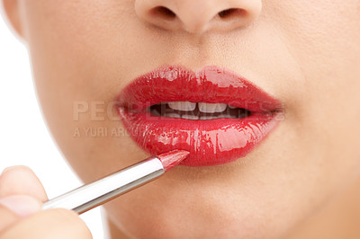 Buy stock photo Woman, closeup and red lipstick with makeup for beauty cosmetics on a white studio background. Lips of female person or model applying color, gloss or glow for cosmetology, dermatology or treatment