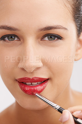 Buy stock photo Happy woman, portrait and red lipstick with makeup for beauty or facial cosmetics on a white studio background. Face or closeup of female person or model applying color, gloss or glow for cosmetology