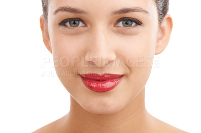 Buy stock photo Cropped portrait of a beautiful young woman with red lips isolated on white