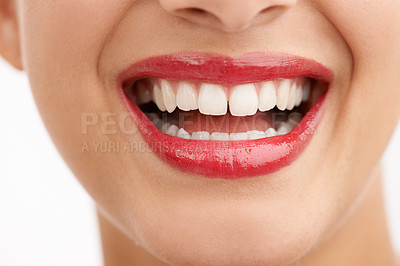 Buy stock photo Woman, teeth and red lipstick with makeup for beauty, cosmetics or dental care on a white studio background. Closeup of female person or model with lip gloss, glow or tooth whitening in dermatology