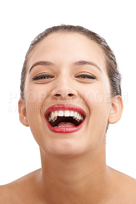 Buy stock photo Happy woman, portrait and laughing with red lipstick for beauty, makeup or cosmetics on a white studio background. Face of female person or young model in satisfaction for lip gloss, glow or shine