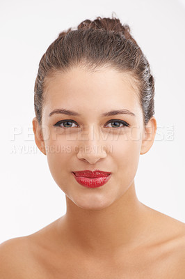 Buy stock photo Woman, portrait and makeup with red lipstick for beauty, cosmetics or facial treatment on a white studio background. Face of happy female person or young model with skincare for color or cosmetology