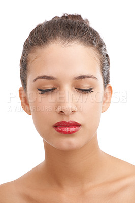 Buy stock photo Calm woman, relax and beauty with red lipstick for makeup or cosmetics on a white studio background. Face of female person or young model in skincare or facial treatment with lip gloss, glow or shine